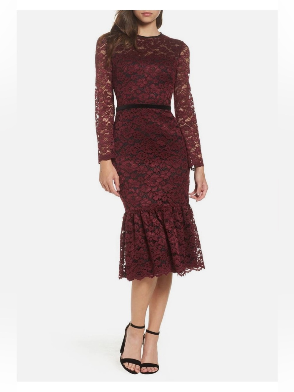 Maggy London Burgundy Lace Long-Sleeve Midi Dress with Black Trim